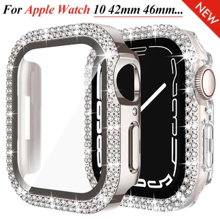 แก้ว + เพชรฝาครอบกรณีหน้าจอ Protetcor สําหรับ Apple Watch Series 10 42/46/40/44/41 มม.45 38 มม.49 มม.Bling PC กันชนกระจกนิรภัย iWatch Ultra 2 9 3 5 6 7 8 Se 4