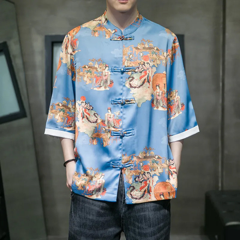 เสื้อเชิ้ตแขนสั้นผ้าไอซ์ซิลซ์ฤดูร้อนสไตล์จีนชุดจีนย้อนยุคชุดจีนชุดฮั่นฟู่เสื้อยืดพิมพ์ลายเสื้อแขนเจ็ดส่วน