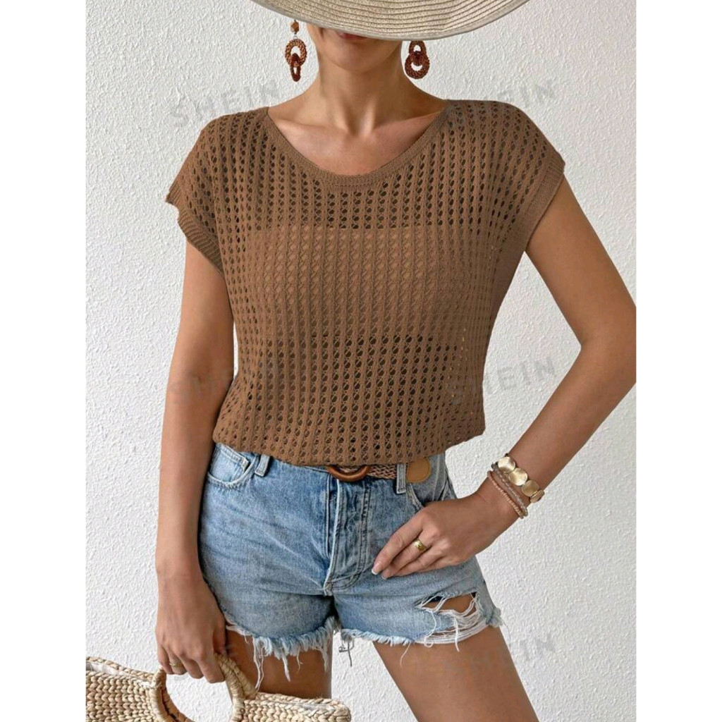 SC Frenchy Solid Batwing Sleeve Open Knit Top สําหรับผู้หญิงวันหยุดฤดูร้อน