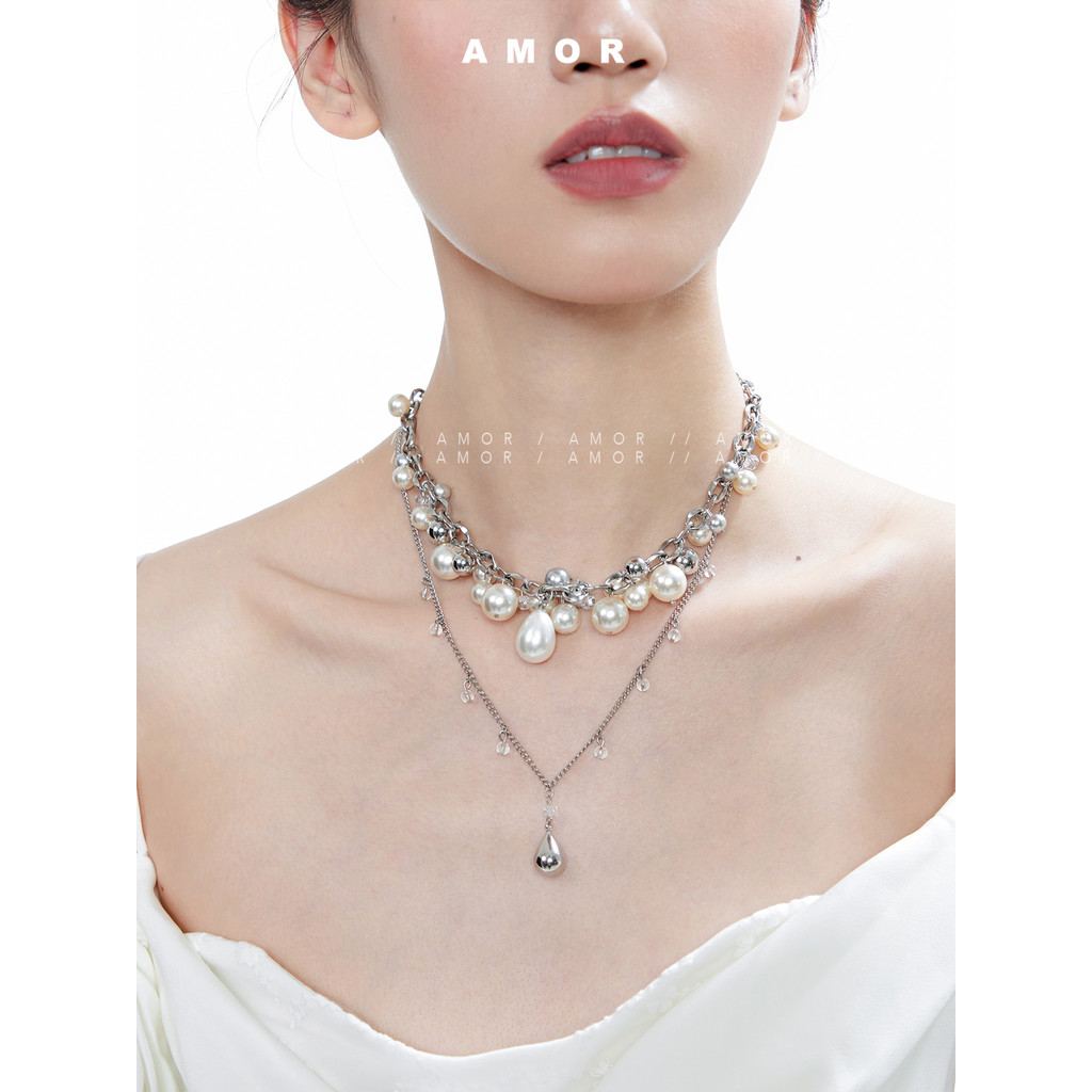 ไข่มุกซ้อนหญิงเค้นคอสร้อยคอหยดน้ําคริสตัลสีขาว