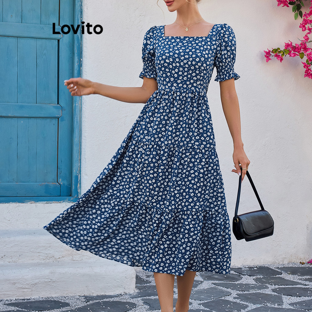 DRB18BR222 - เดรสทรงบานสีฟ้าลายพิมพ์แขนพองคอเหลี่ยม รุ่น BR18-NOV24-B-3