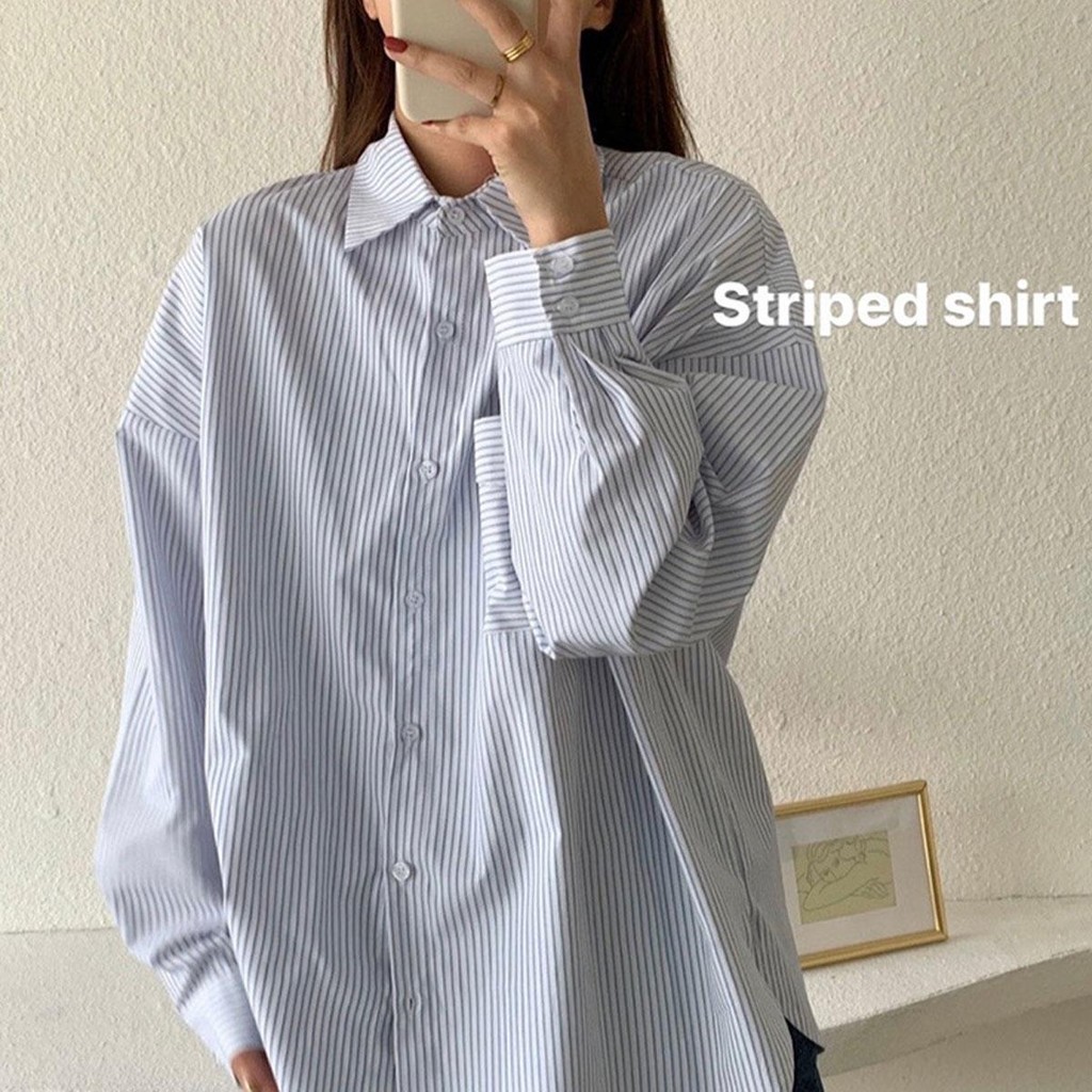 Dahong W539 เสื้อเชิ้ตลายริ้วสีฟ้า คอปก ทรงหลวม คลาสสิกมินิมอล