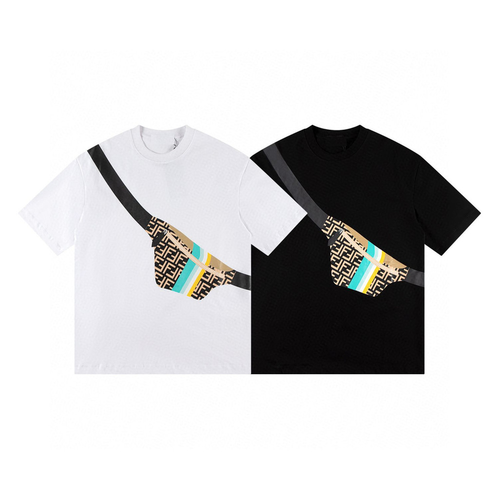 Fendi2508 เสื้อยืดแขนสั้นผู้ชายพิมพ์ลายผ้าฝ้ายแท้หลวมทุกการแข่งขันด้านบน