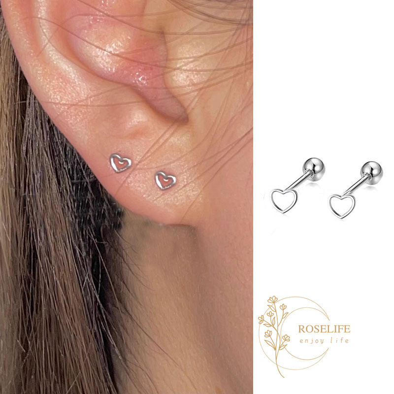 Roselife 2 pcs เงินขนาดเล็ก Hollow Heart รอบบอลสกรูต่างหูผู้หญิง Hypoallergenic หู Studs เครื่องประดับอุปกรณ์เสริม