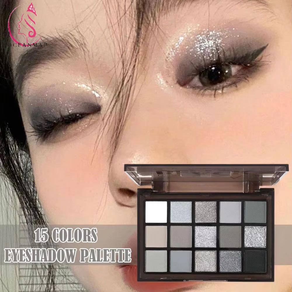Oceanmap พาเลทอายแชโดว์สีดําสโมคกี้ 15 สี Punk Cool Toned, Ins กันน้ํา Matte Dark Grey Glitter Sequins Eye Shadow เครื่องสําอางเครื่องมือ