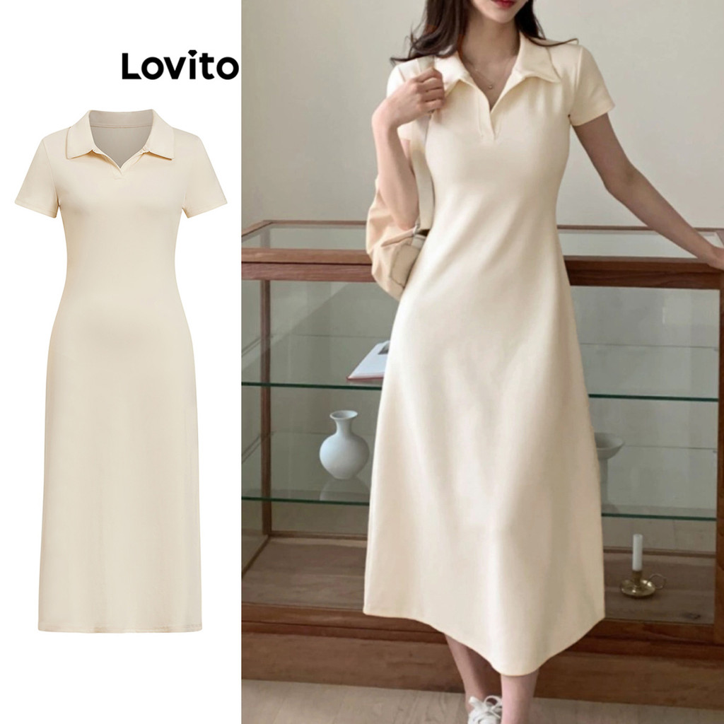 Lovito ชุดเดรสผู้หญิง เบสิก สีพื้น สไตล์หรูหรา L96MD096