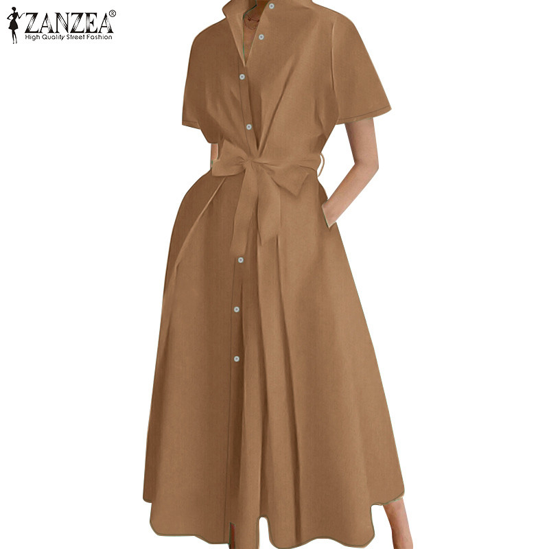 Zanzea ชุดเดรสเสื้อแขนสั้นแฟชั่นวินเทจสําหรับผู้หญิง
