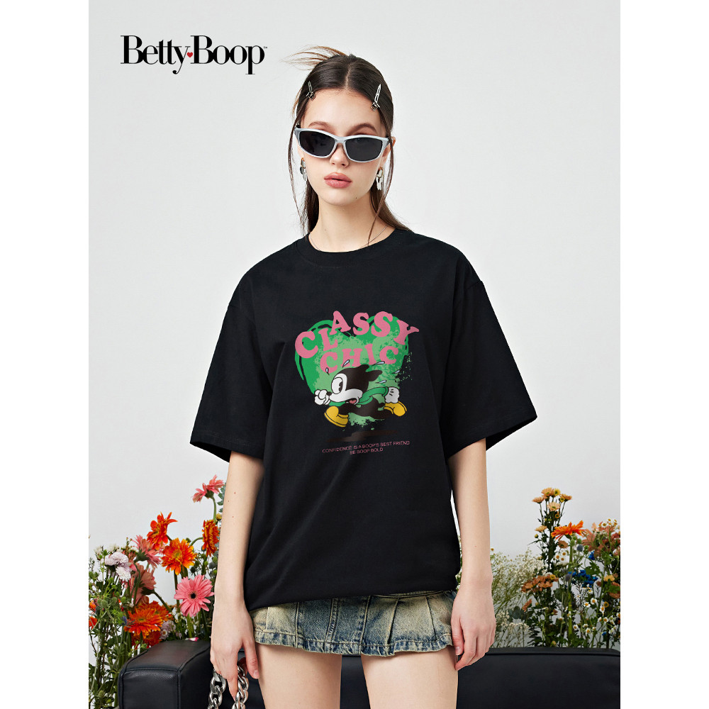 Betty BOOP BETTY เสื้อยืดแขนสั้นผ้าฝ้ายแท้ฤดูร้อนพิมพ์เสื้อลําลองคอกลมหลวม