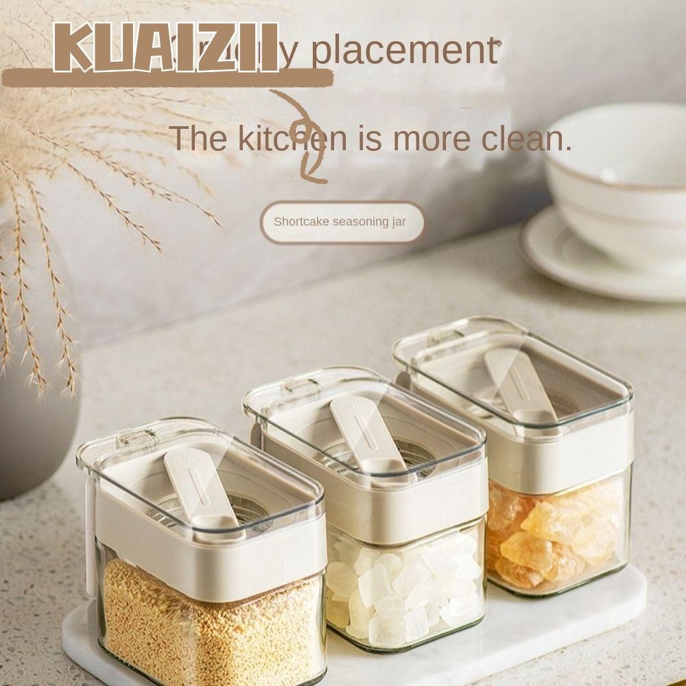 Kuaizii ถังปรุงรส,ประหยัดพื้นที่สะดวกเก็บเครื่องปรุงรสแก้วกล่อง,แก้วกันฝุ่นฝาปิดห้องครัว Accessorie ถังปรุงรสในครัวเรือนโปร่งใส