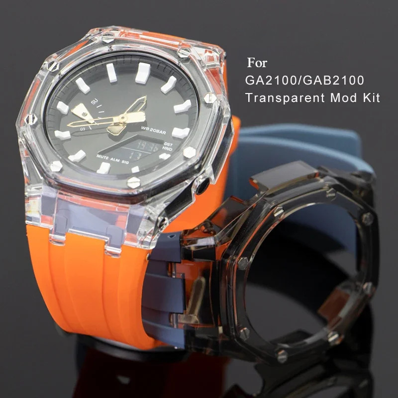 หรูหราโปร่งใสกรณี + ยางสําหรับ Casioak GA2100 GA2110 ชุดการปรับเปลี่ยนสําหรับ GAB2100 2110 กีฬาสายคล