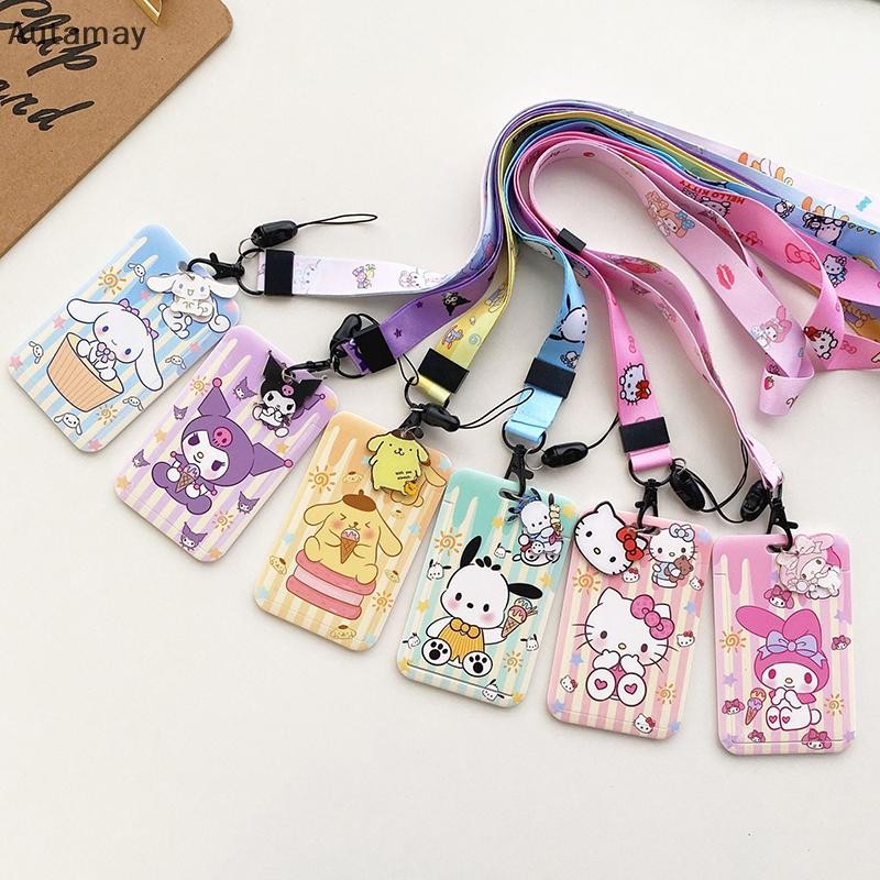 Autamay Sanrio Series Long Rope Card Sleeve Student Meal Card Access Card ID Protective Case Anti-lost Hanging Neck Card Case ใหม่