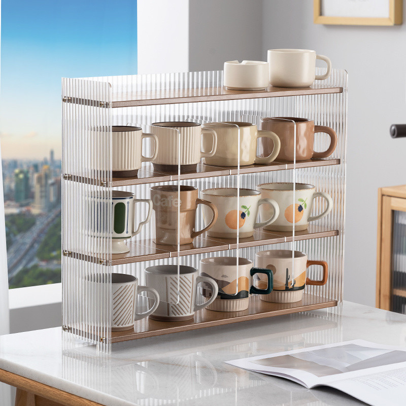 AUNA ถ้วยเก็บเดสก์ท็อปถ้วยน้ําถ้วยชาแก้วถ้วยกาแฟป้องกันฝุ่น Jiugongge ที่วางแก้วชั้นวางไม้เนื้อแข็ง 