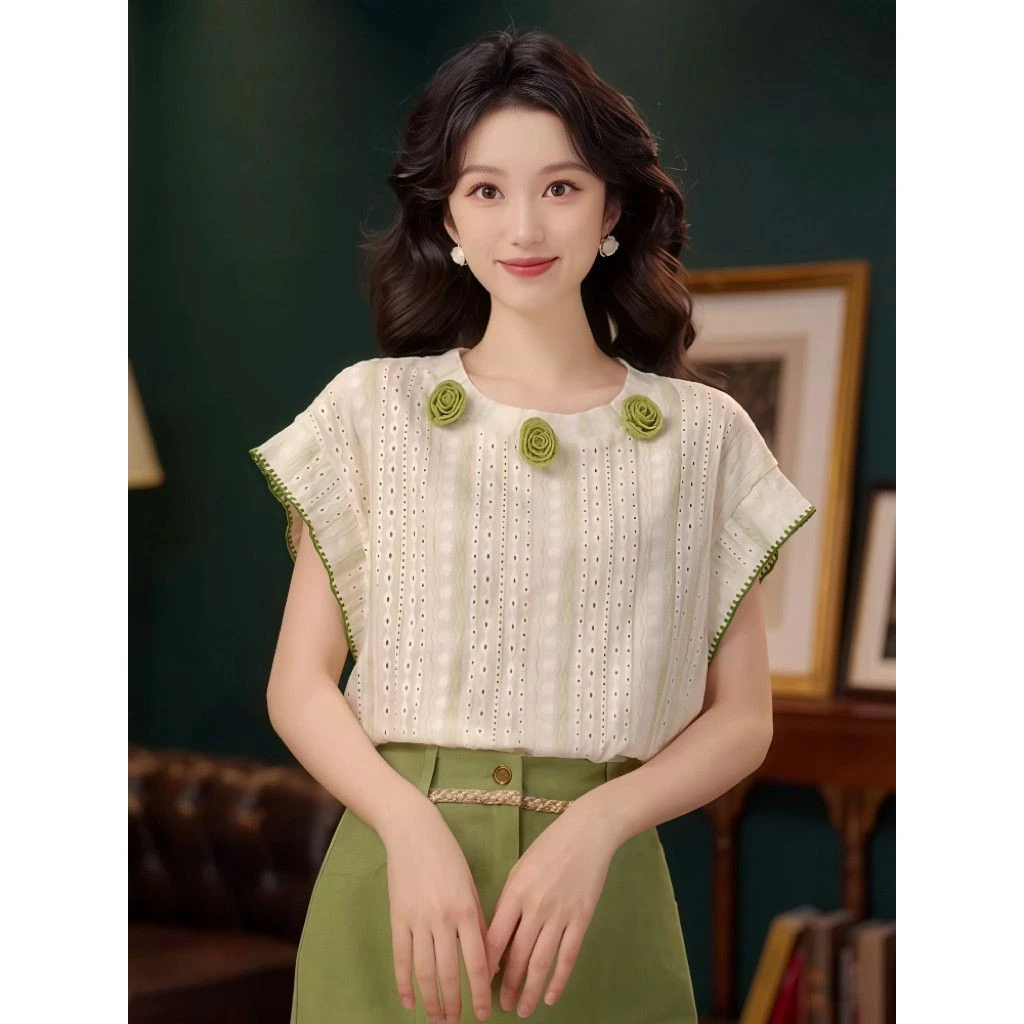 เสื้อแขนสั้นลายดอกไม้ สไตล์เกาหลี สำหรับสุภาพสตรี ไซส์ S-XL thumbnail 9
