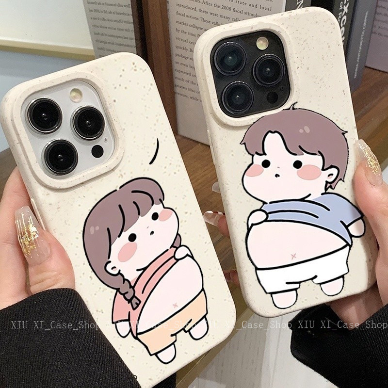 รูปแบบการ์ตูนหน้าท้องลดน้ำหนักป้องกันการตกเชลล์คู่รัก Emoji สำหรับ iPhone16 15 14 13 12 11 ProMAX XSMax XS XR 7Plus-XMK6