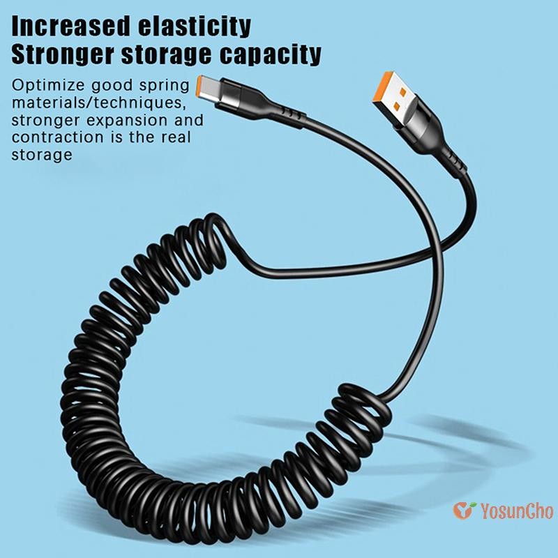 YosunCho] 120W USB Type C สายชาร์จเร็ว 6A ฤดูใบไม้ผลิสายชาร์จรถแบบยืดไสลด์สายชาร์จข้อมูลความเร็วสูงอุปกรณ์เสริมโทรศัพท์ใหม่