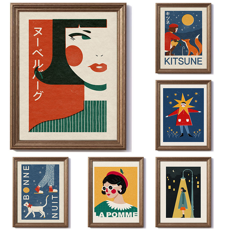 ภาพประกอบวินเทจแฟชั่นสาวชีวิตศิลปะตกแต่งผ้าใบโปสเตอร์พาร์ทเมนท์สุนทรียศาสตร์ตกแต่งผนังบ้านห้องนั่งเล่นตกแต่งผนัง