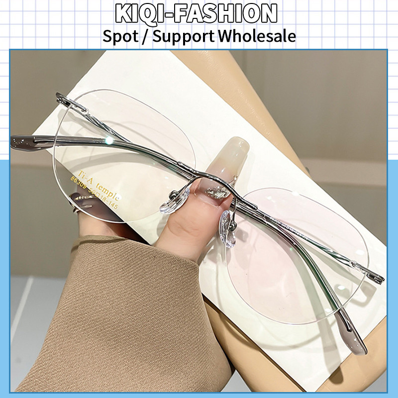 (QI-FASHION) คลาสสิก Ultra LIGHT Semi Titanium Rimless แว่นตาแฟชั่น Rimless รูปไข่ Anti Blue Light แ