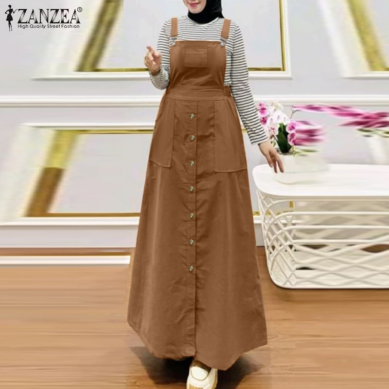 ZANZEA ใส่ ซานเซีย ผู้หญิงมุสลิมแฟชั่นวันหยุดสบายๆกระเป๋าชุดเดรสสายเดี่ยว