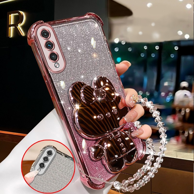 สําหรับ samsung a50s a30s a50 a70 a750 a7 2018 Soft Clear สี่มุมหนาชุบซิลิโคนเคสโทรศัพท์กระต่ายแต่งหน้ากระจกผู้ถือซิลิโคนกรณี XXXDA