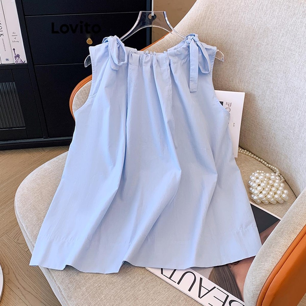 Lovito เสื้อแขนกุดผู้หญิง รูดเชือก สีพื้น สไตล์ลำลอง LNM70296