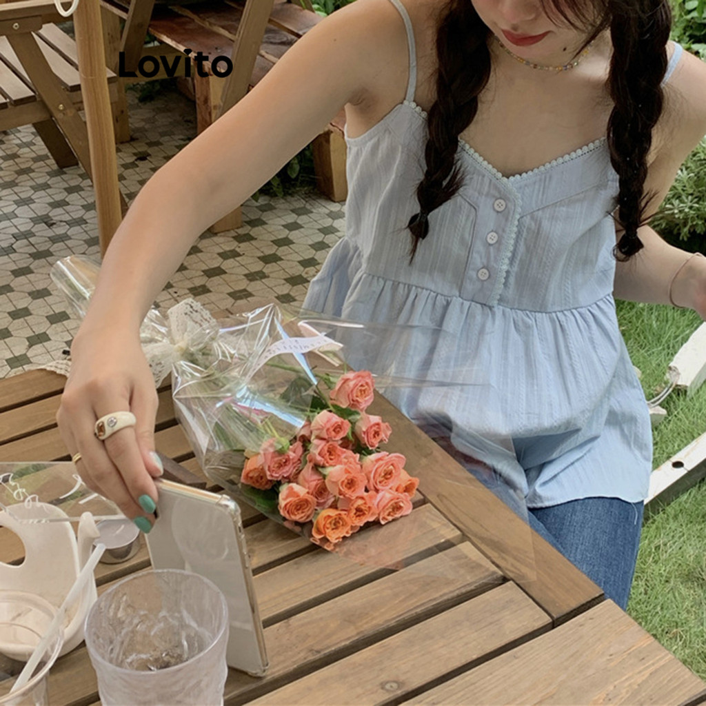 (Trendy) Lovito เสื้อกล้ามน่ารัก เสื้อกล้ามกระดุมคอระบายธรรมดาสําหรับผู้หญิง L79AD025 (หลากสี)