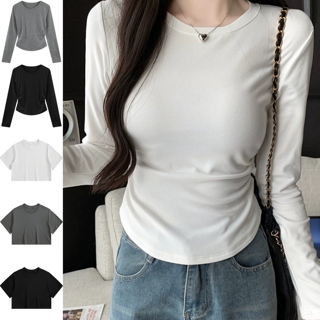 Suysuy พร้อมส่ง เสื้อยืด คอกลม ทรงเรียบง่าย ดีเทลสม็อคข้าง สไตล์เกาหลี เนื้อผ้าคอตตอน นุ่มนิ่ม ใส่สบายมาก