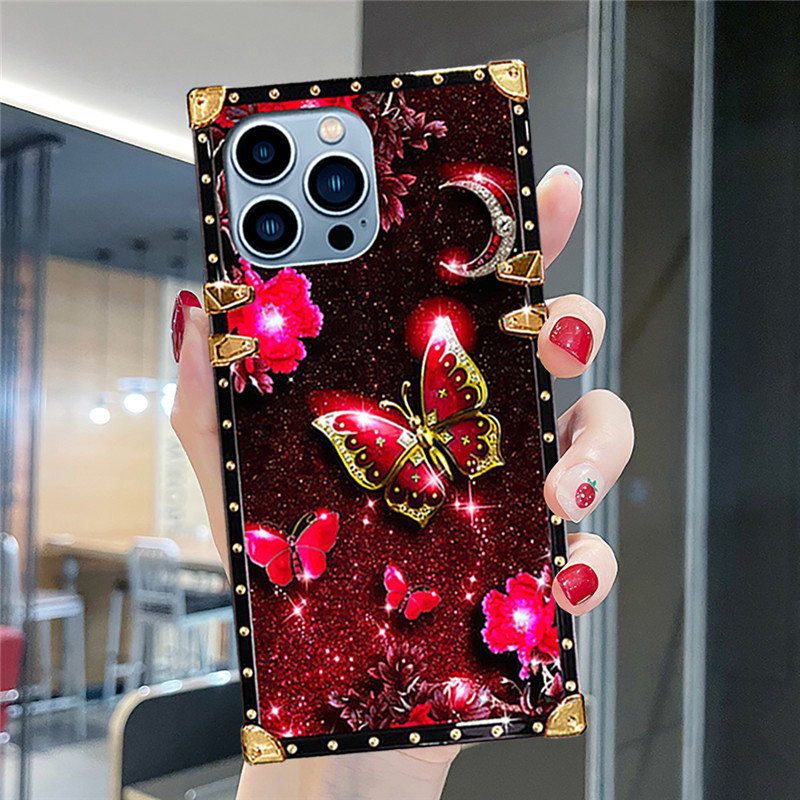 ปลอกXiaomi Redmi 13C 12C 10C 9C 9A 9T 8A 7A Redmi Note14 Note13 Note12 Note11/11s Note10/10sแฟชั่นMoonสีแดงผีเสื้อสแควร์กันกระแทกเคสโทรศัพท์