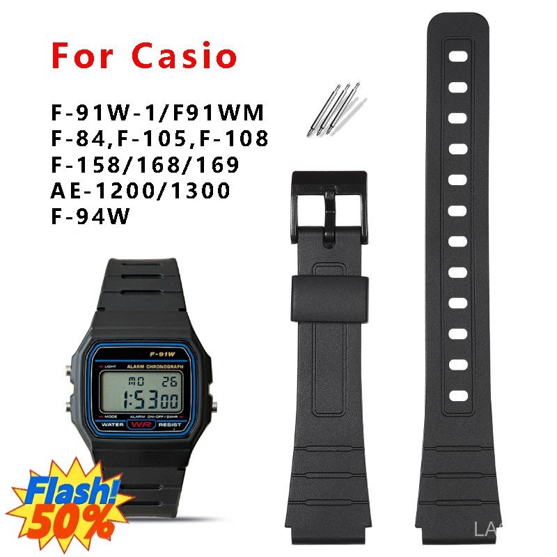 สายนาฬิกาสําหรับ Casio F-91W-1 F91WM F-84W F-94W A168w A158 AE-1200 1300 สีดําเรซิ่นพลาสติกนาฬิกาข้อ