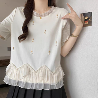 【S-6XL】 เสื้อยืด เสื้อเบลาส์ แขนสั้น คอระบายฟุ้งฟิ้ง ชายลูกไม้ ปักไข่มุก สไตล์คุณหนูวินเทจ ใส่สบาย