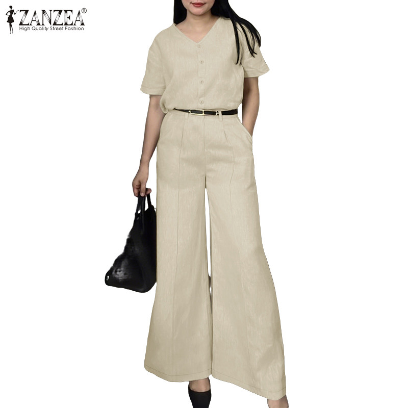 ZANZEA ชุดtwo piece ผู้หญิง โคเรียน สไตล์ คอกลม ปุ่มเสื้อ แขนสั้น กางเกงขาบาน