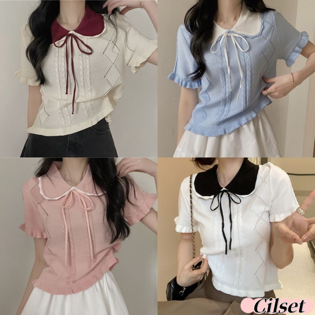 Cilset🛒พร้อมส่ง🎀เสื้อยืดไหมพรม คอปก คอตุ๊กตา แขนสั้น น่ารัก ใส่สบาย ผ้าบางเบา ดีเทลลายผ้าผูกโบว์ สไตล์ลำลอง *MT717-1*