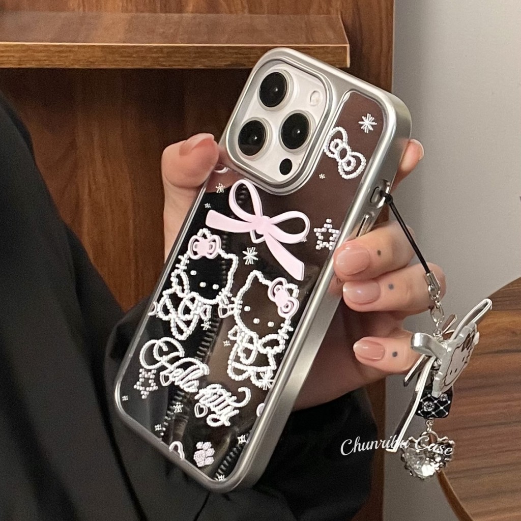 Huiwanju การ์ตูนน่ารักใหม่นางฟ้าน้อยสด kt ที่ใช้งานได้ iPhone16promax เคสโทรศัพท์มือถือกระจกไฟฟ้าพร้อมเชือกเส้นเล็กญี่ปุ่นและเกาหลี ins/iphone15/14/13