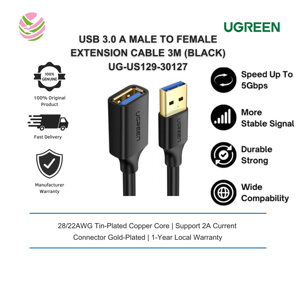 UGREEN USB 3.0 A MALE TO FEMALE EXTENSION CABLE SUPPORT 2A CURRENT 3M (สีดํา) UG-US129-30127