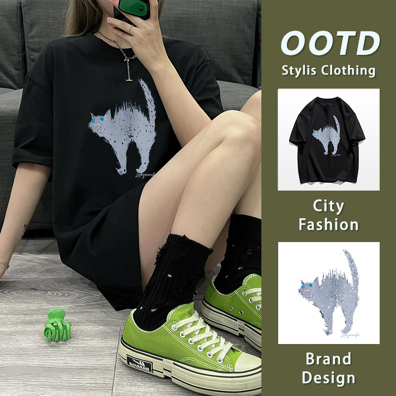 เสื้อยืด oversize พิมพ์ลายการ์ตูนลูกแมว ใส่สบาย เสื้อสตรี แฟชั่น หลายสี 100% Cotton T-shirt YG973