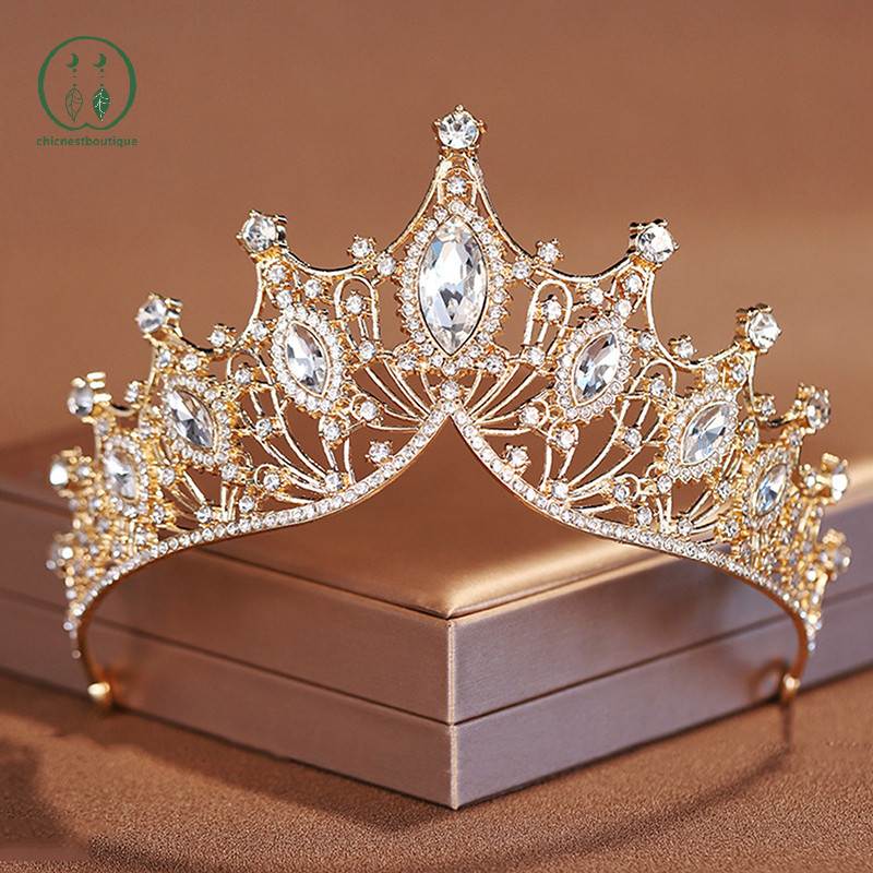 [Chicnest] Baroque Gold คริสตัลมงกุฎสร้อยคอเจ้าหญิง Tiara Queen วันเกิดงานแต่งงาน Jewerly ชุดของขวัญ Boutique