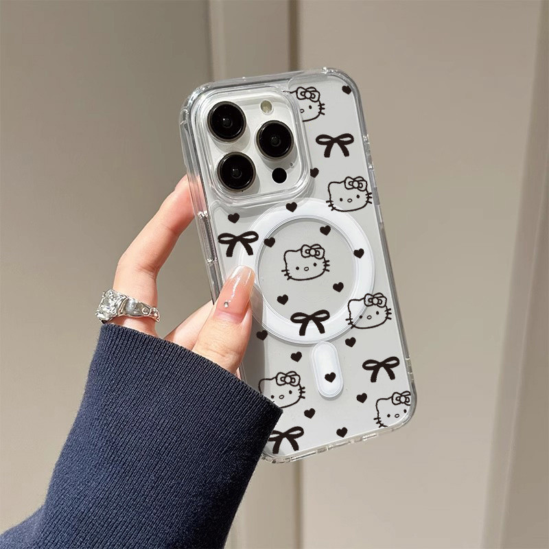 เต็มหน้าจอสีดํารูปหัวใจการ์ตูนแมวโปร่งใสแม่เหล็กสําหรับiphone 11 12 13 14 15 16 Pro Max 8 Plus mini X XR XSmaxปลอกอะคริลิคปกแข็งสําหรับiPhone15Promaxกรณี
