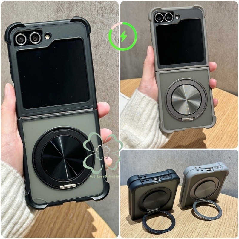 ขาตั้งแหวนหมุนได้แม่เหล็กเคสโทรศัพท์ Samsung Galaxy Z Flip 7 Z Flip 6 Z Flip 5 Flip 4 ฝาครอบชาร์จไร้สายสี่coner Anti Fall เคสกันกระแทก