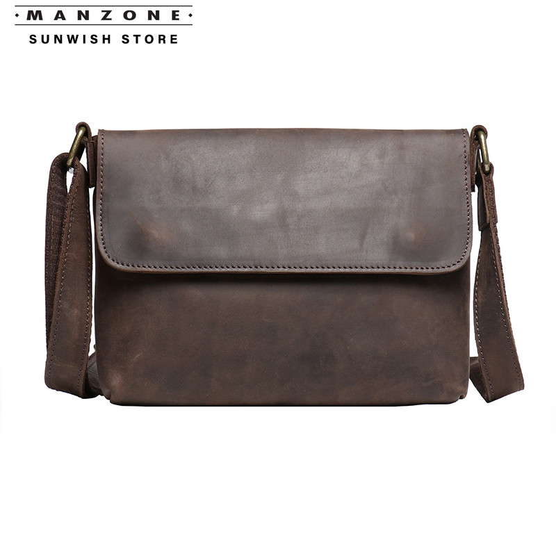 Sunwish STORE No.30173 Luxury Large Original Cow Leather Men Sling Bag กระเป๋าสะพายทนต่อการสึกหรอ