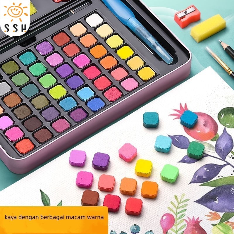 บบพกพาสีน้ำสีเม็ดสีแข็งวาดชุดพ Watercolor พร้อมพู่กัน พู่กันแ สีน้ำเซ็ทใหญ่ 48/36 สี ชุดสีน้ำกล่องเหล็กโลหะ