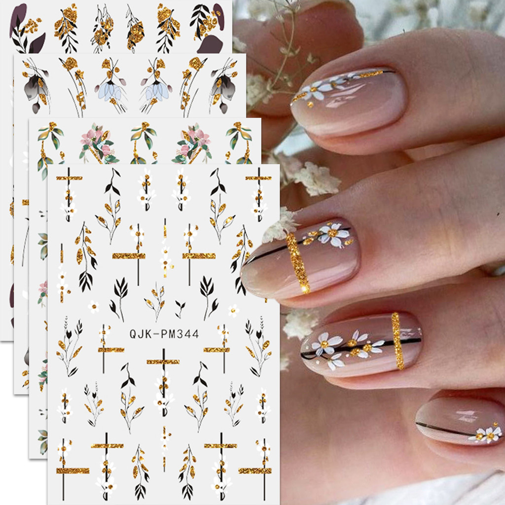 HAMA เล็บเล็บสติกเกอร์ขายส่งฤดูใบไม้ผลิฤดูร้อนดอกไม้เล็บฝรั่งเศสตกแต่ง Gold Glitter สติกเกอร์ Decals งานแต่งงานเจ้าสาวเล็บ
