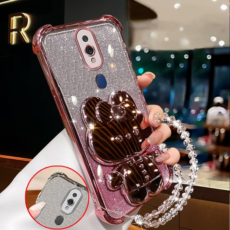 กันกระแทก เคสสําหรับ Oppo F11 Pro OPPO F11 เคสโทรศัพท์สีชมพูประกายกระต่ายกระจกแต่งหน้าพร้อมที่วางซิลิโคน TPU Soft case XXXDA