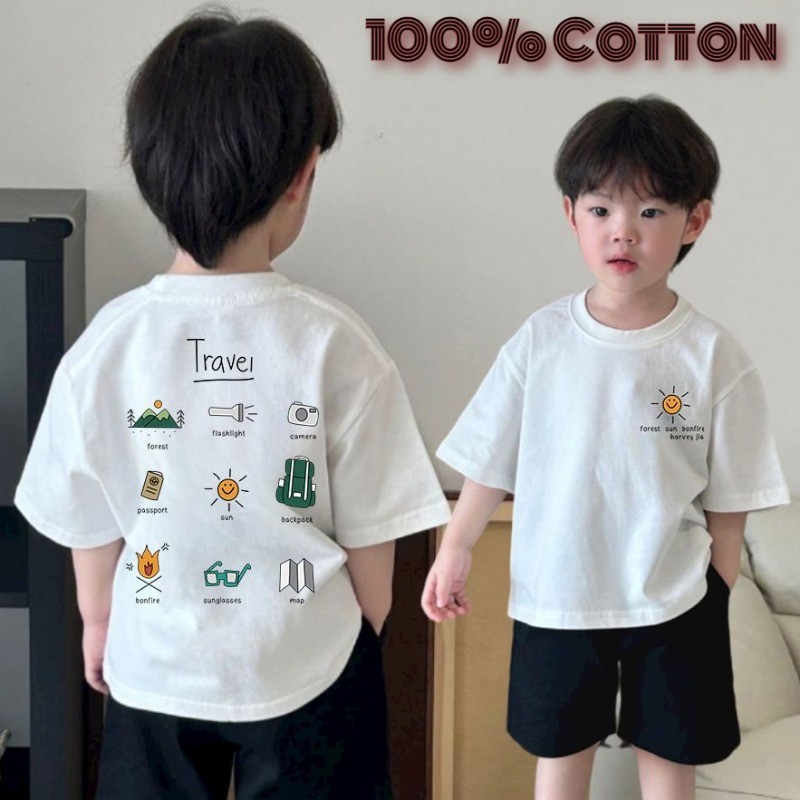 (จัดส่งตลอด 24 ชั่วโมง)ผ้าฝ้าย 100% แขนสั้นพิมพ์เสื้อยืดสไตล์เกาหลีแฟชั่นUnisex Top Boy Girlสวมใส่