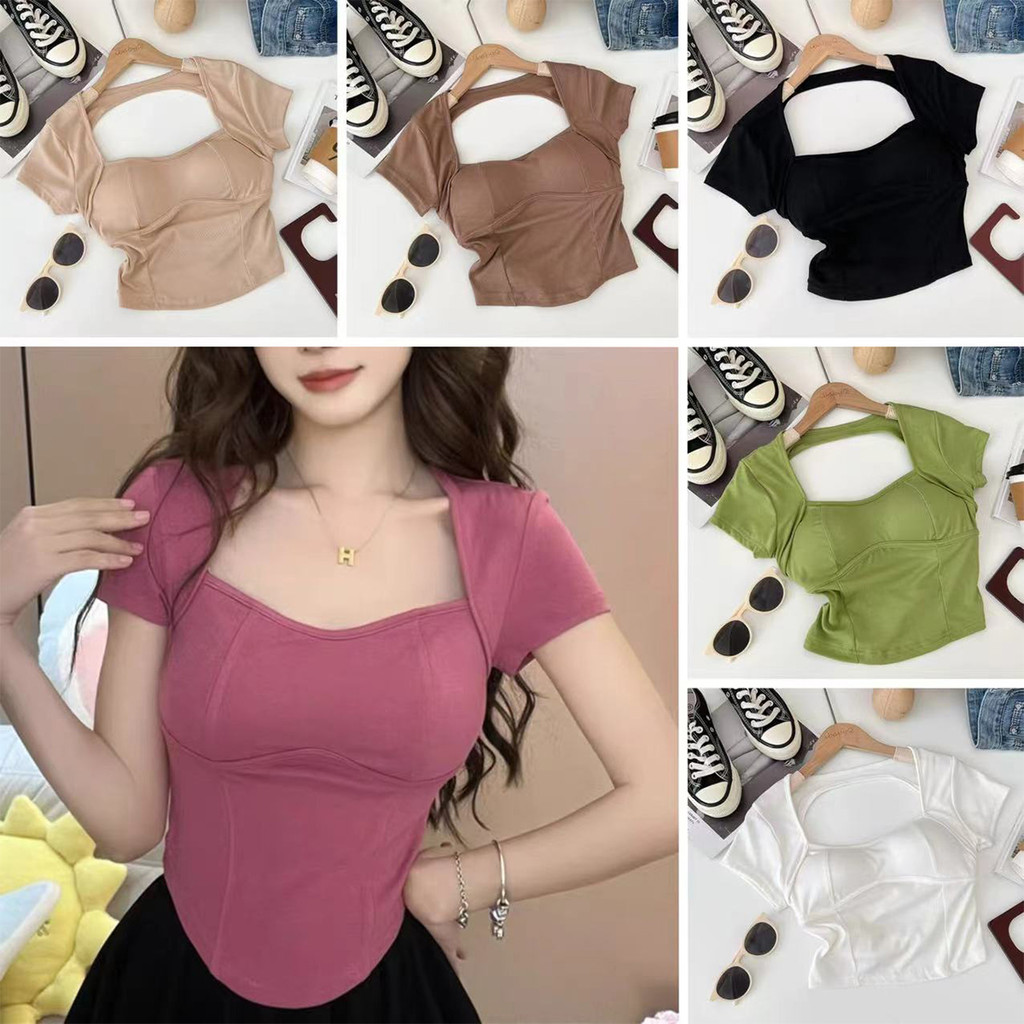 เสื้อครอปผู้หญิง คอ U ทรงสวย ใส่แล้วดูเพรียว
