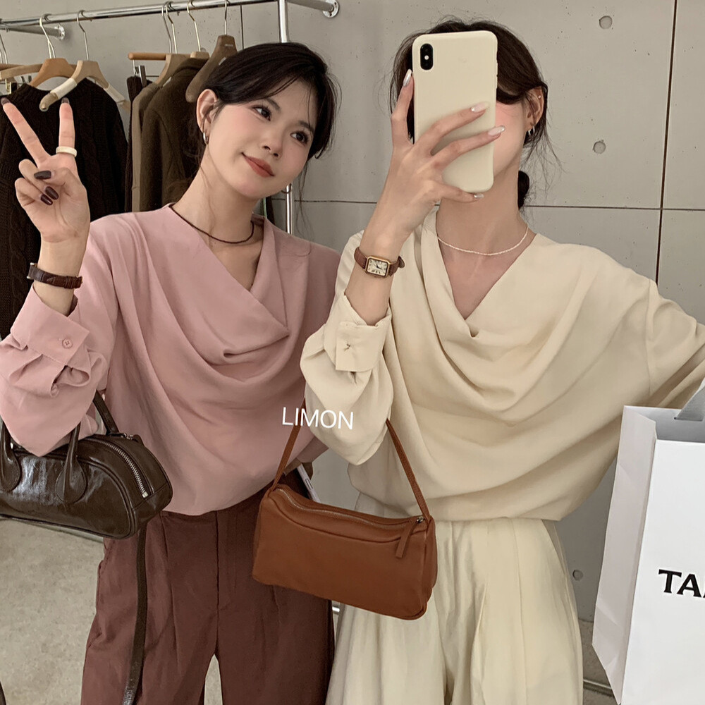 Hermarou ผู้หญิงเสื้อยืดแขนยาวเสื้อยืดเสื้อธรรมดาออกแบบไม่สม่ําเสมอ