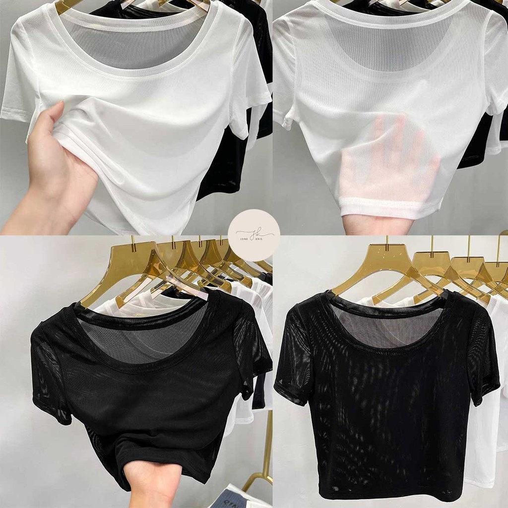 เสื้อครอปแขนสั้นผู้หญิงผ้าฝ้ายเย็น ตาข่ายแบบมีดีไซน์