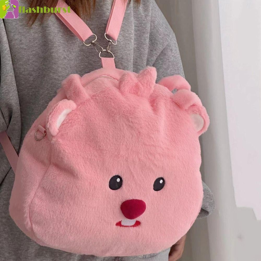 Flashburst กระเป๋าเป้ตุ๊กตา Loopy, การ์ตูนความจุขนาดใหญ่ Loopy Plush กระเป๋านักเรียน, น่ารักสีชมพู Little Beaver ตุ๊กตา Crossbody กระเป๋าการ์ตูนตุ๊กตากระเป๋าเป้สะพายหลังสาว