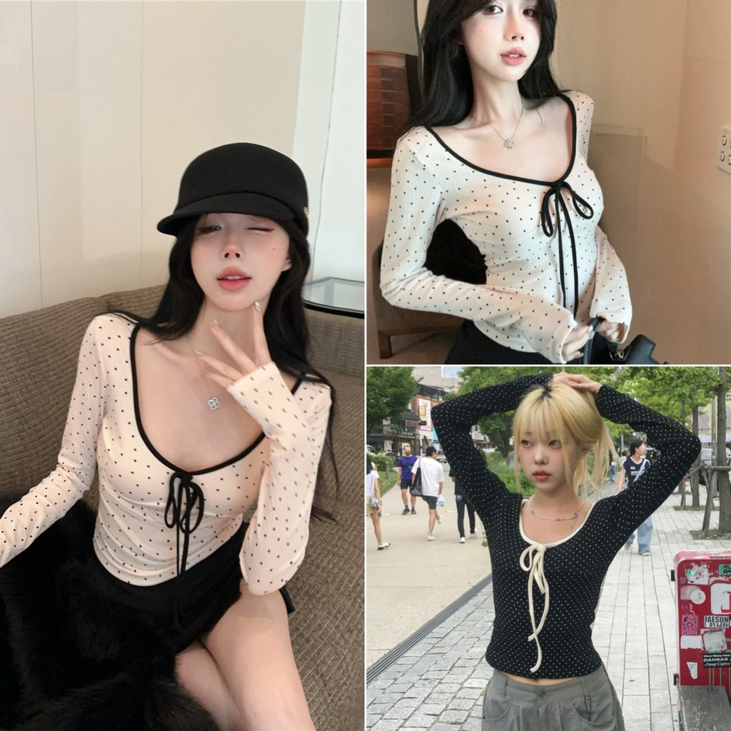 Hotgirl พร้อมส่ง✨เสื้อยืดแขนยาวผู้หญิง เสื้อยืดเข้ารูปทรงผู้หญิง ลายจุด สาวร้อนแรง หวานและเซ็กซี่ สไตล์เกาหลี