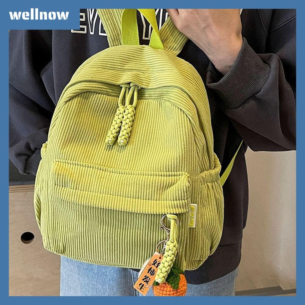 WELLNOW Corduroy Backpack, กระเป๋าเป้สะพายหลังขนาดเล็กสีทึบน้ําหนักเบา, กระเป๋าเดินทางสไตล์ญี่ปุ่นลําลองที่ใช้งานได้จริงสําหรับผู้หญิง