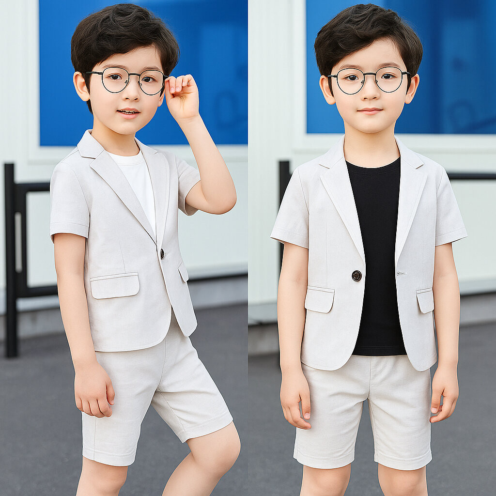 [ส่งจาก กทม] ชุดสูทออกงานเด็กผู้ชายสีครีม เบจ 3 ชิ้น แขนสั้น ขาสั้น ได้เสื้อ กางเกง เสื้อกล้ามมีให้เลือก ขาว หรือ ดำ