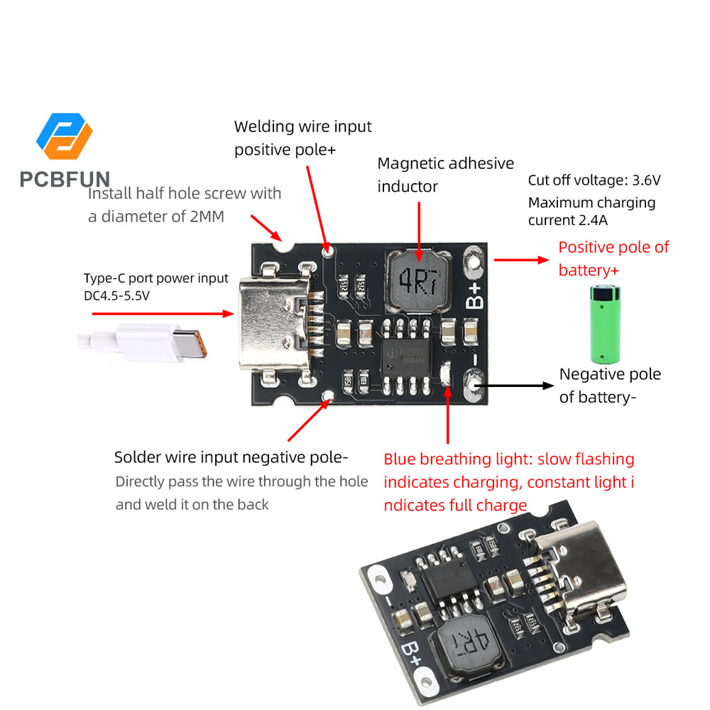 Pcbfun 1/3/5pcs 1S 3.2V/3.6V 2.4A แบตเตอรี่ลิเธียมเหล็กฟอสเฟตแบตเตอรี่ชาร์จเฉพาะโมดูลHigh Currentชาร์จType-C DC 4.5-5.5V